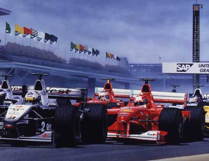 David Coulthard false starts from second on the grid and leads Schumacher into the first corner at Indianapolis in 2000. He would later be penalised, handing Schumacher the win.